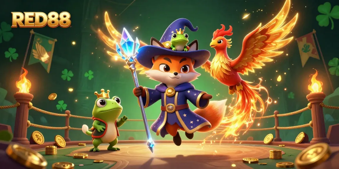 Engage with RED88's vibrant casino-themed adventure showcasing a mystical wizard fox and more.