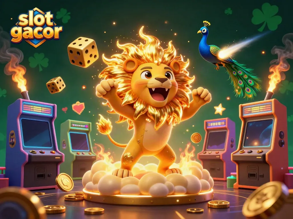 Experience the thrill of slot gacor with a vibrant 3D casino-themed illustration featuring a roaring lion and golden dice.