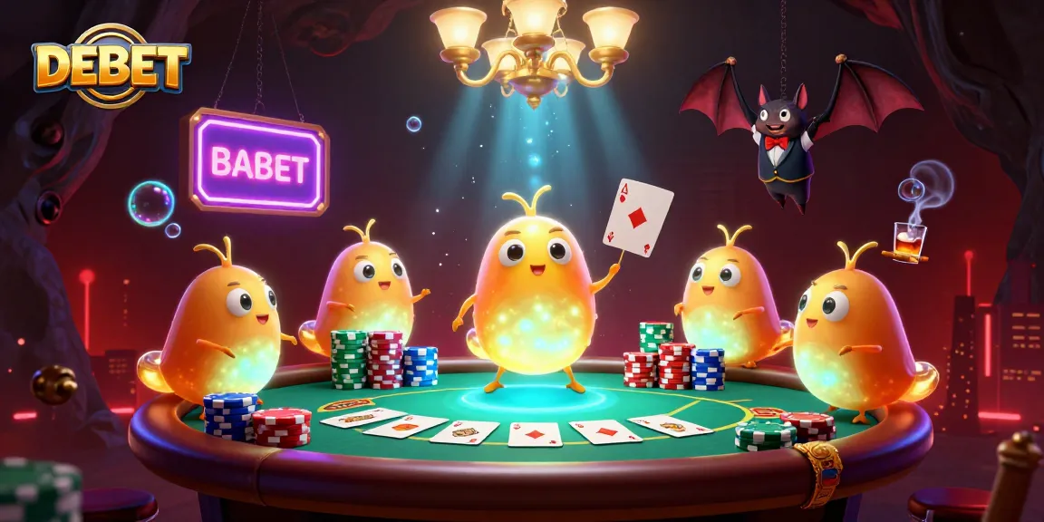 Engage with DEBET in a vibrant casino scene illuminated by glowworms and lively gaming elements.