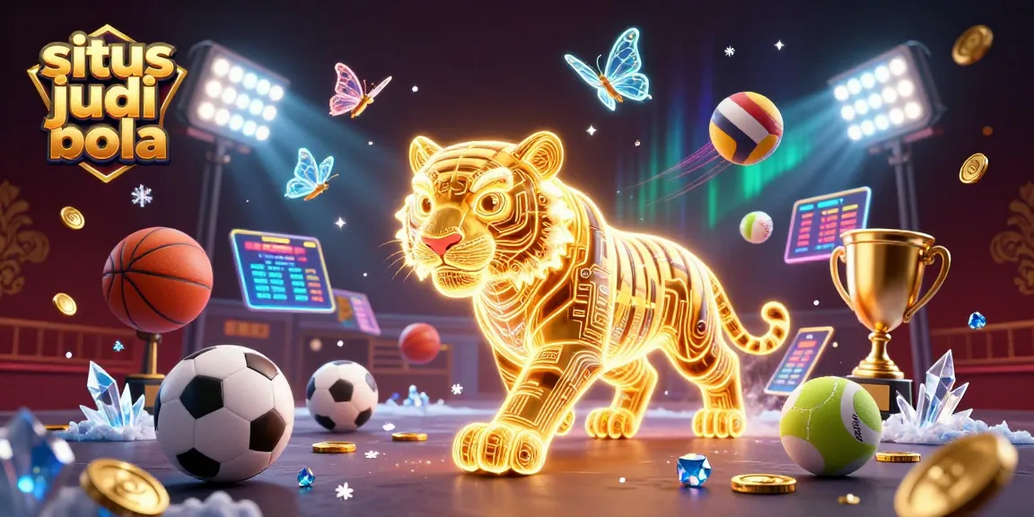 Bet on situs judi bola with a vibrant digital sports betting scene showcasing a golden tiger, sports balls, and dynamic elements.