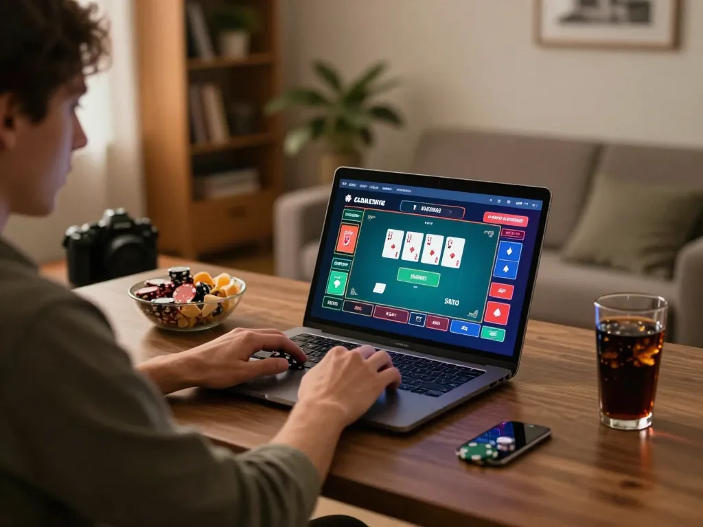 HM88 online poker player using a laptop at home for strategic gameplay and fun