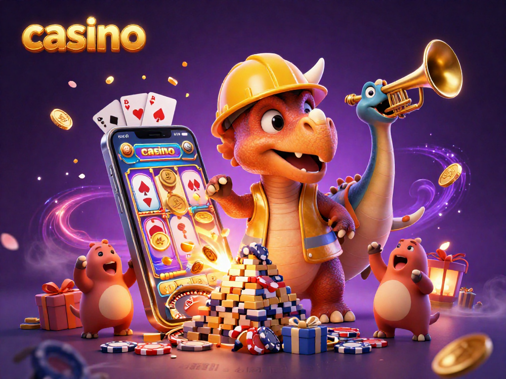 Experience the thrill of casino fun with a triceratops and friends celebrating a slot game victory in this vibrant scene.