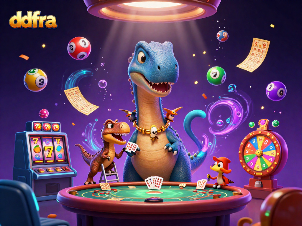 ddfra features an adventurous casino scene with a tall brontosaurus, raptor dealer, and vibrant slot game elements.