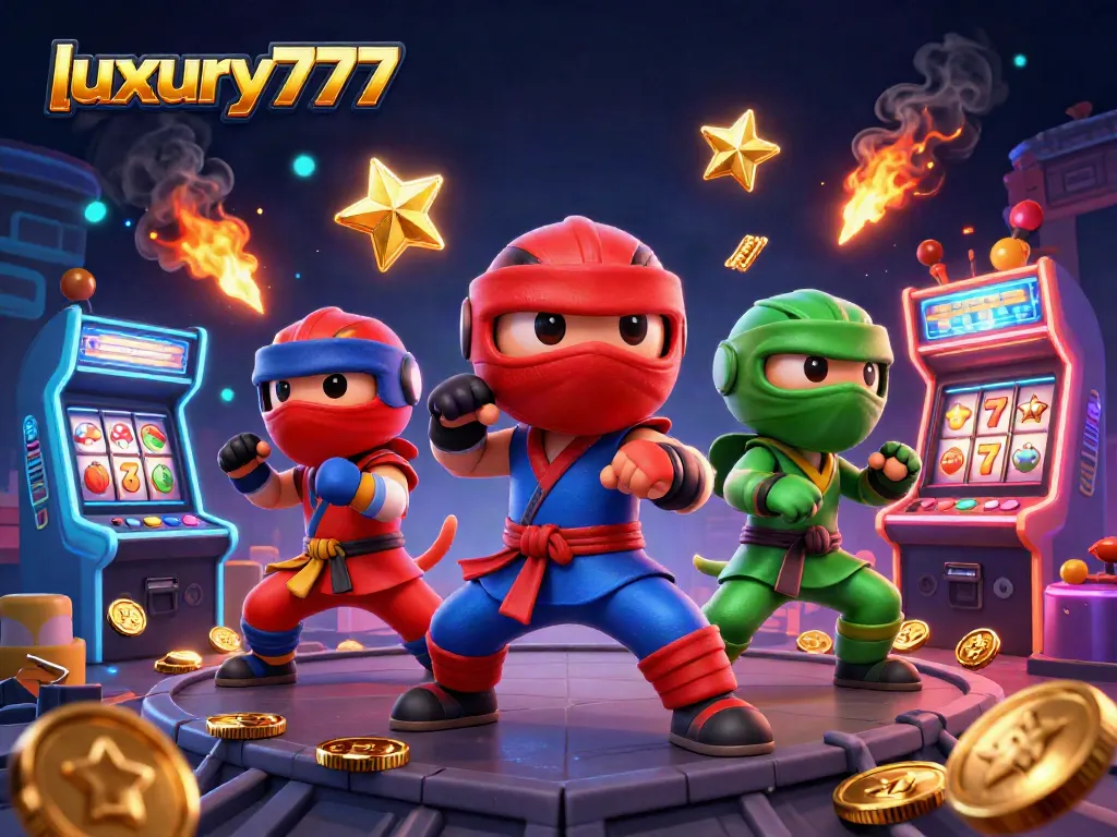 Engage in thrilling gameplay with luxury777's vibrant casino-inspired 3D illustration featuring ninja chameleons.