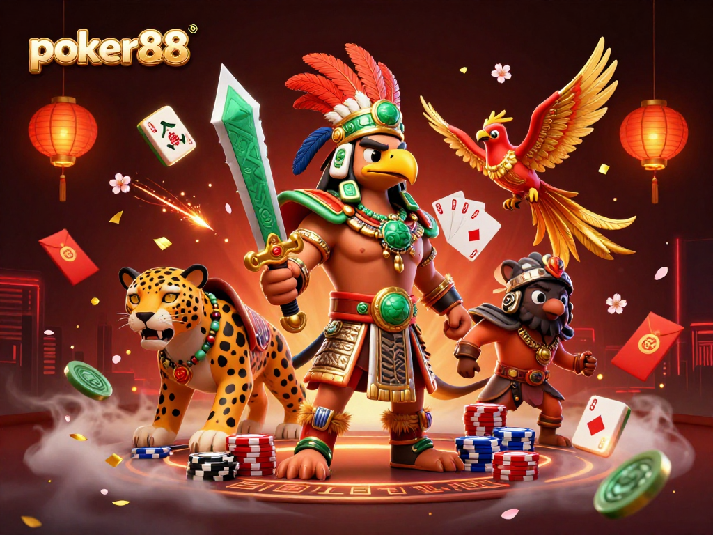 Permainan kartu poker88 yang menampilkan karakter Aztec dengan latar belakang dinamis dan elemen kasino.