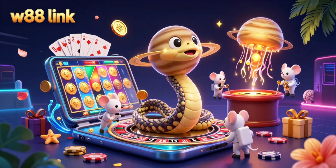 Engage with the vibrant w88 link scene featuring a playful snake and casino elements for immersive betting.