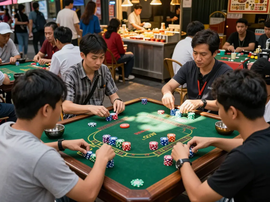 xóc đĩa game in action, players eagerly watching the traditional Vietnamese gambling game.