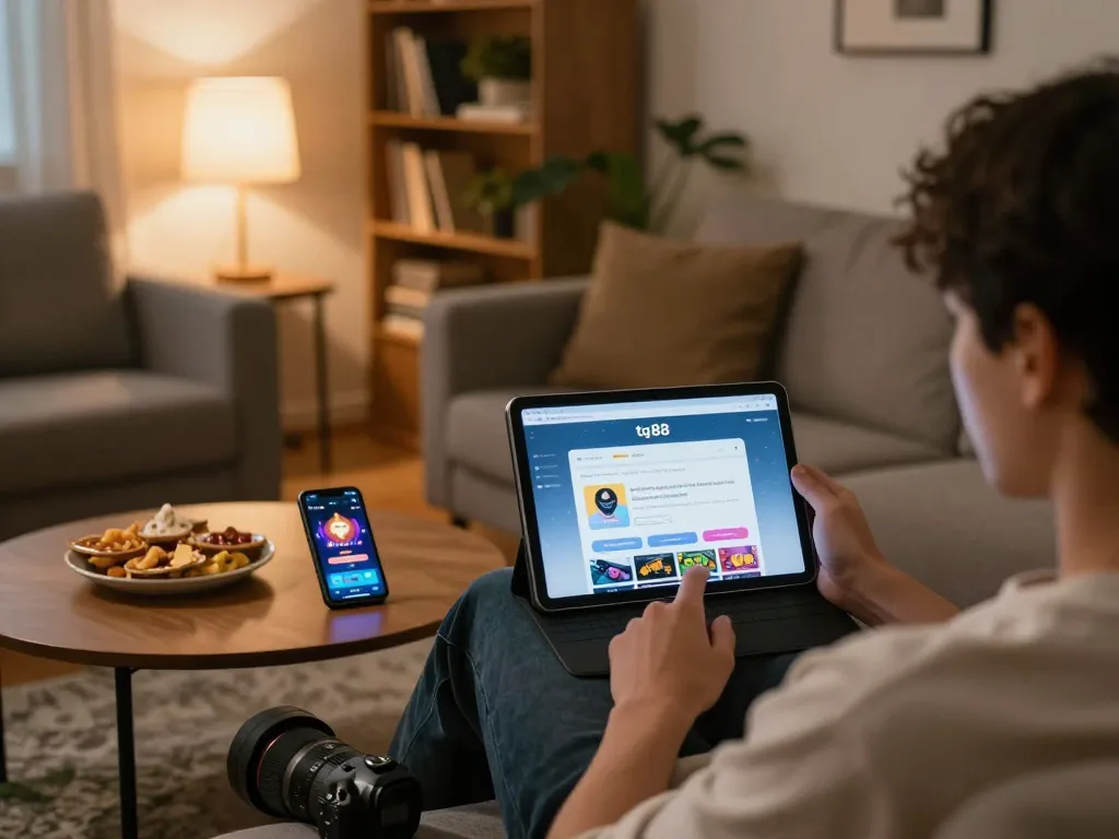 Engaging in tg88 đăng nhập while enjoying a cozy home gaming setup, showcasing a tablet and casino app.