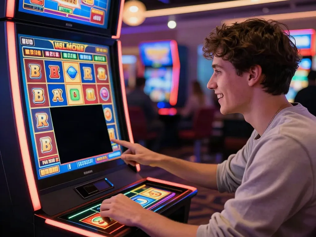 Excited user enjoying akunjp online slot game on smartphone, vibrant gaming graphics in the background.