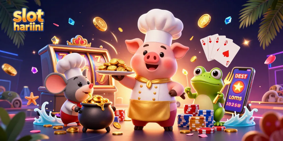 Experience the thrill of slot hari ini with vibrant characters serving golden coins amidst a dynamic casino scene.