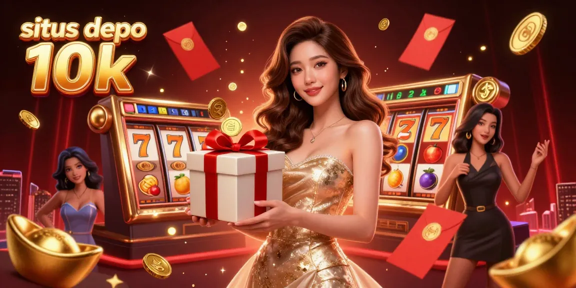 Win big with situs depo 10k, featuring a beautiful woman with coins and vibrant slot game elements.
