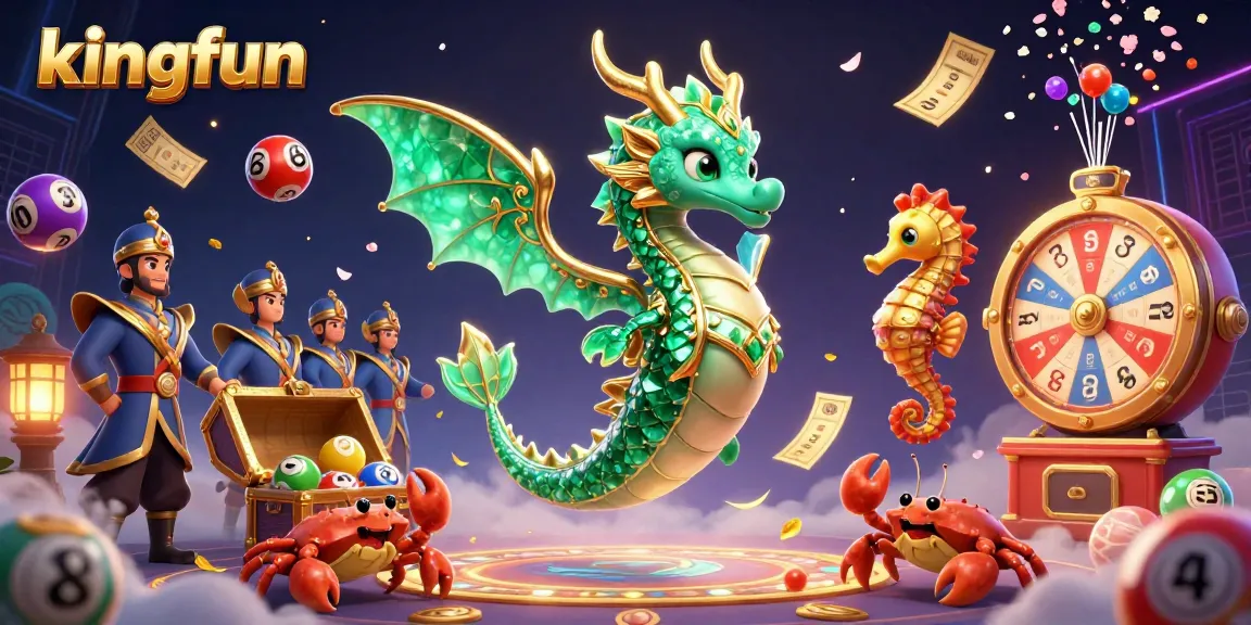 Engage with kingfun's dazzling 3D cartoon sea dragon illustration, showcasing dynamic lottery and casino elements.