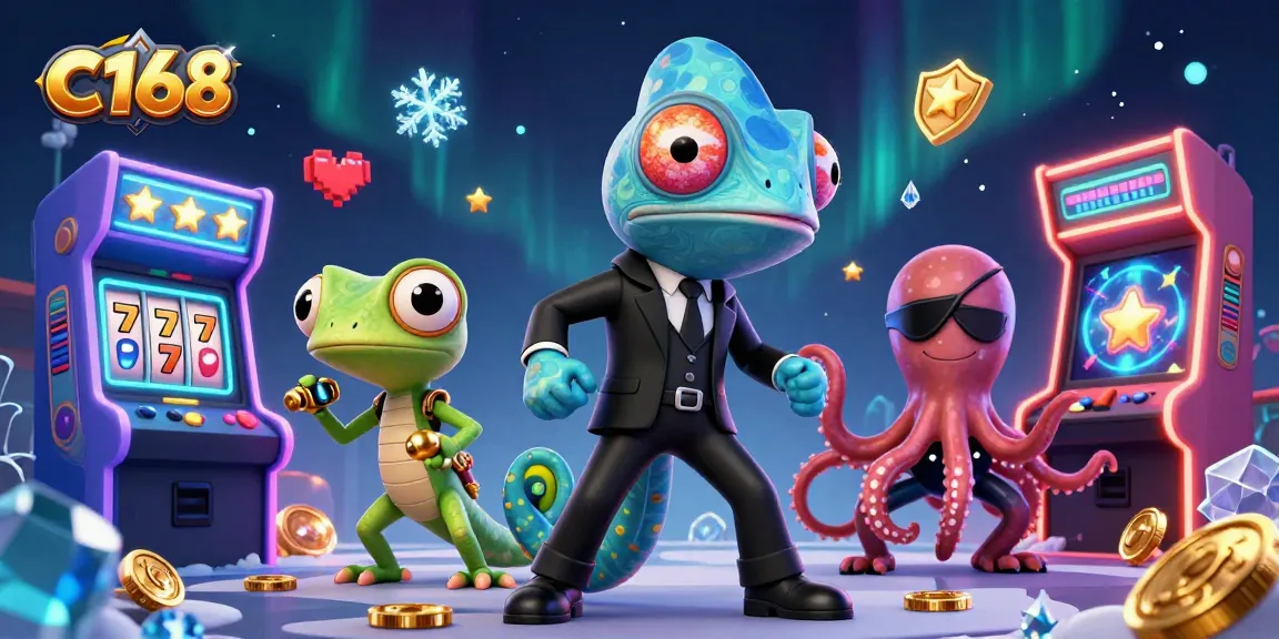Engage in thrilling games at C168 with a vibrant illustration featuring a chameleon secret agent and thrilling casino elements.