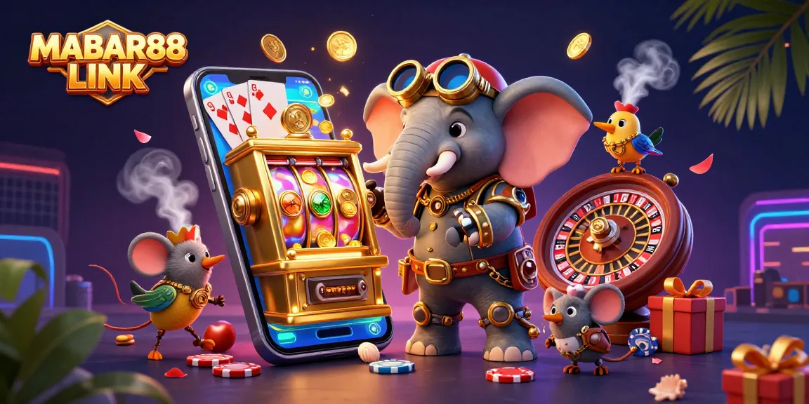 MABAR88 LINK showcases an exciting scene with a steampunk elephant operating a golden slot machine, vibrant slot game action, and casino elements.