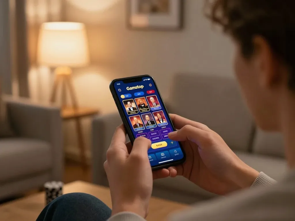 Engaged player exploring casinos not on Gamstop through mobile app in a cozy home setting