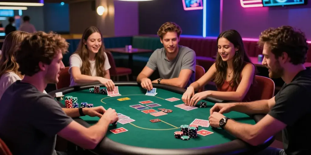 Exciting gaming lounge scene featuring diverse friends engaged in poker, showcasing akunjp spirit of camaraderie.