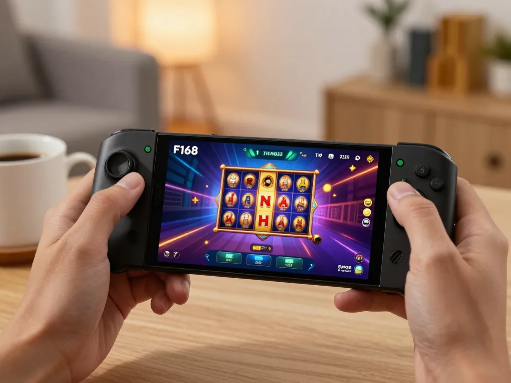 Playing F168 đăng nhập on a mobile device with vibrant slot graphics in a cozy home.
