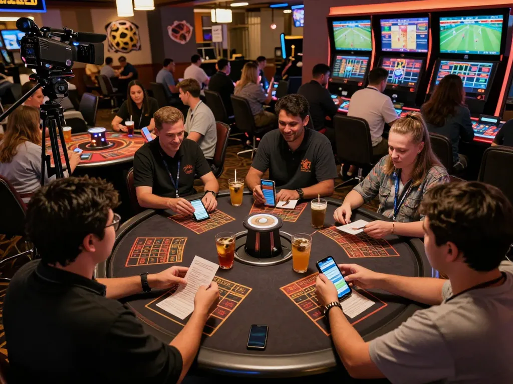 Hitclub members strategizing sports bets amidst a vibrant casino atmosphere