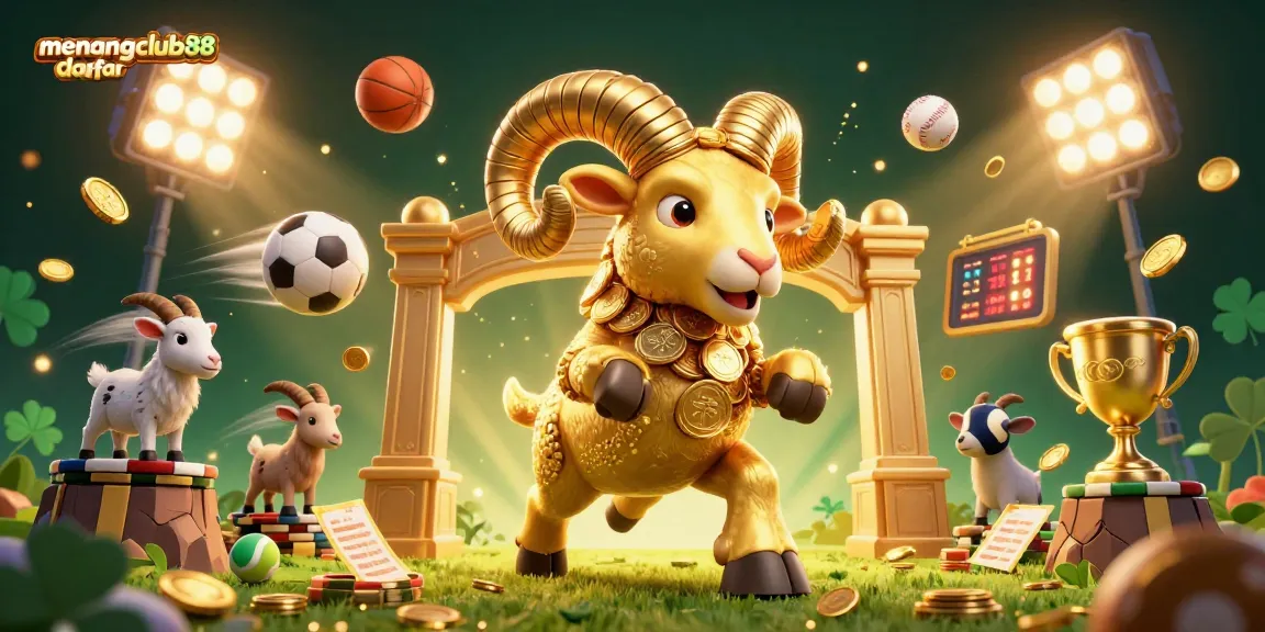 Engage with the exhilarating menangclub88 daftar betting scene featuring a golden ram and dynamic sports elements.