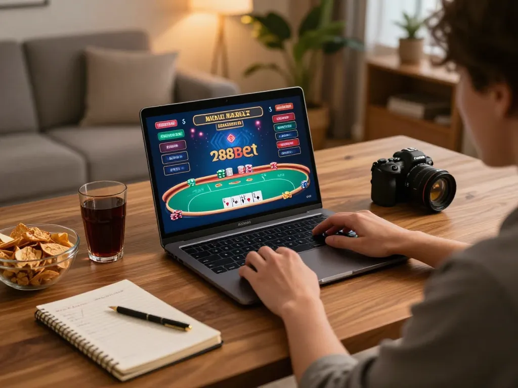 Engaging online poker gameplay on 388bet displayed on a laptop in a cozy home setting