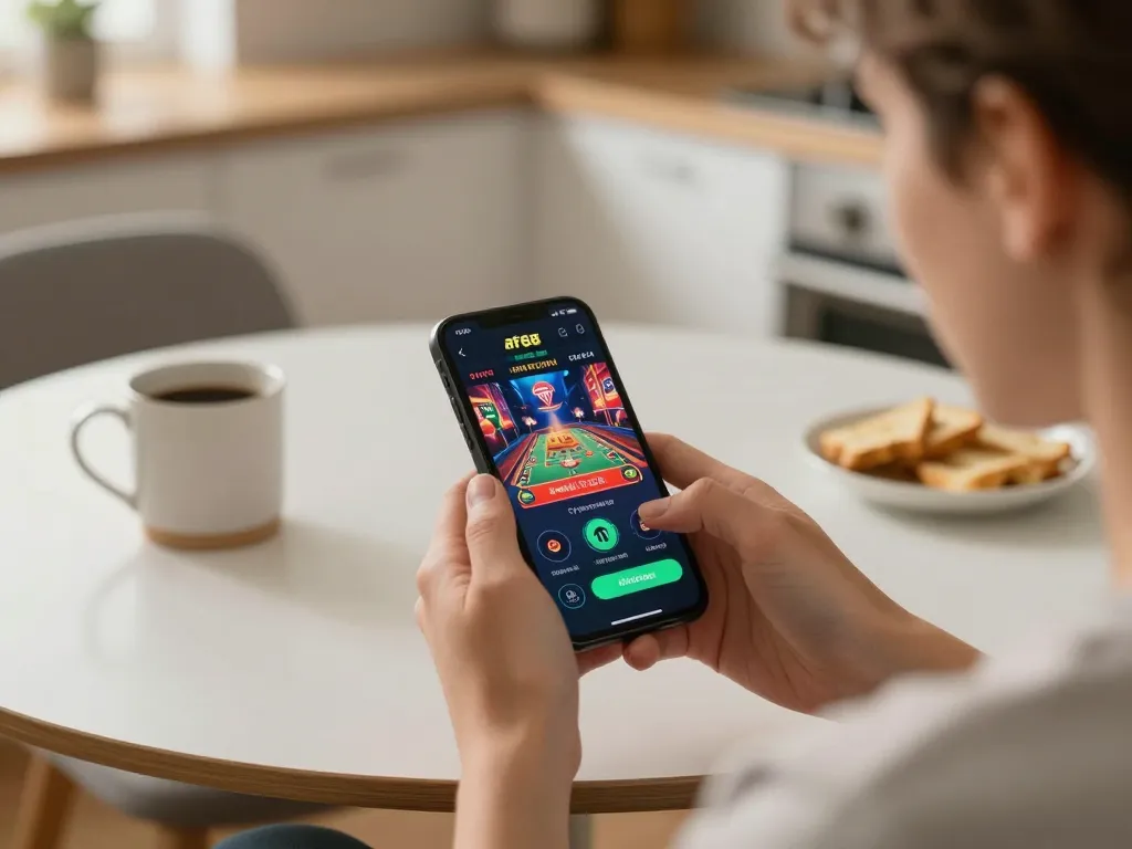 Engaging with the af88 app for thrilling online casino action on smartphone, cozy home setting.