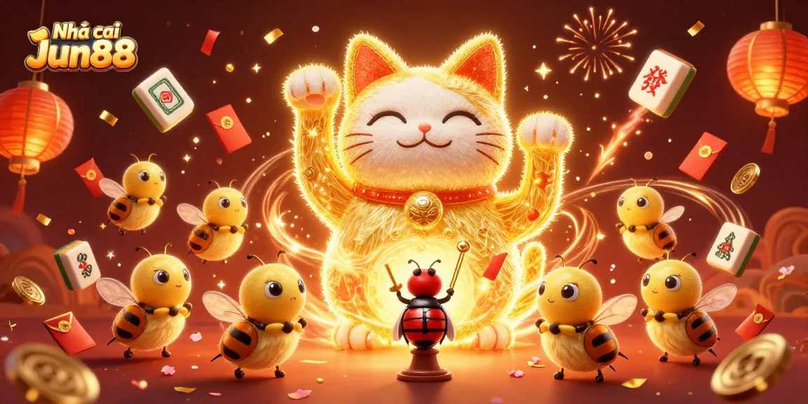 Engage in thrilling play at Nhà cái Jun88 with a vibrant 3D casino illustration featuring dynamic symbols and celebration elements.