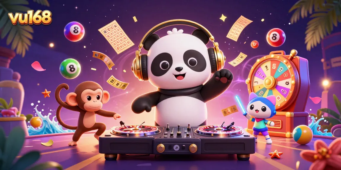 Experience thrilling moments with vu168, featuring DJ panda and a breakdancer in a vibrant casino scene.