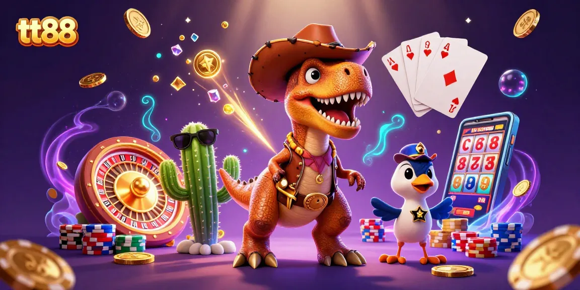 Experience thrilling gaming at tt88 with a dynamic scene of casino elements and whimsical characters.