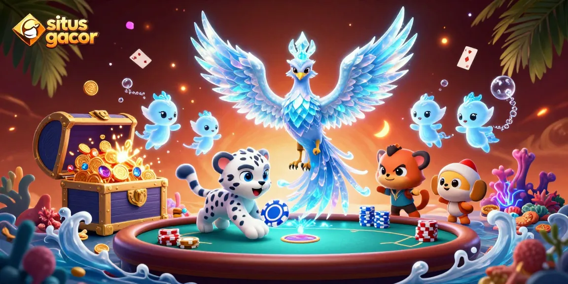 Situs gacor enhances excitement with a vibrant 3D illustration of an ice phoenix and playful snow leopard in a casino-themed fantasy.
