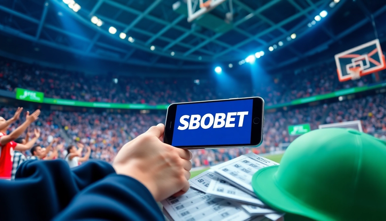 Taruhan olahraga SBOBET dengan perangkat mobile di tengah suasana arena yang dinamis.