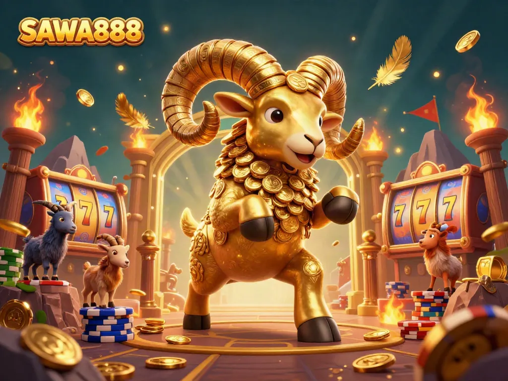 Experience thrilling gameplay with SAWA888's vibrant casino scene featuring a golden ram and dynamic slot elements.