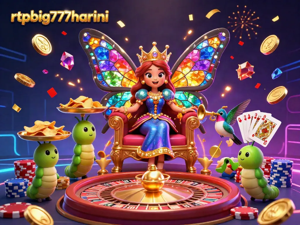 Experience rtpbig777hariini's vibrant casino scene featuring a butterfly queen, colorful chips, and sparkling coins.