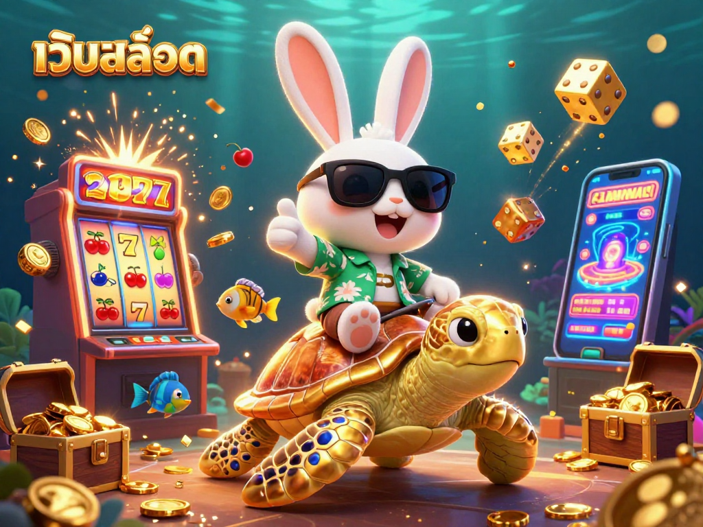 Win big with เว็บสล็อต in this lively scene featuring a lucky rabbit on a golden turtle surrounded by slot machines.