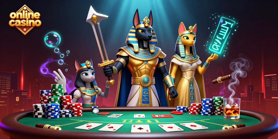 Engage with the vibrant scene of an online casino showcasing Anubis and Bastet in rich 3D detail.