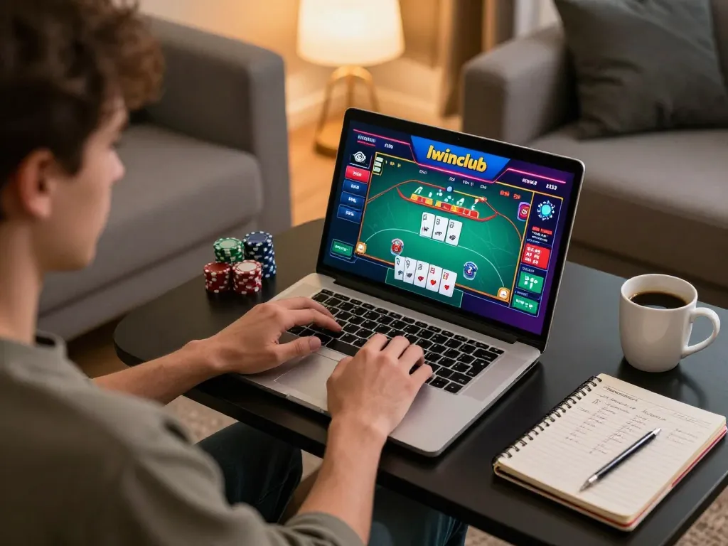 Iwinclub player engaging with online poker game on laptop, relaxed home setting