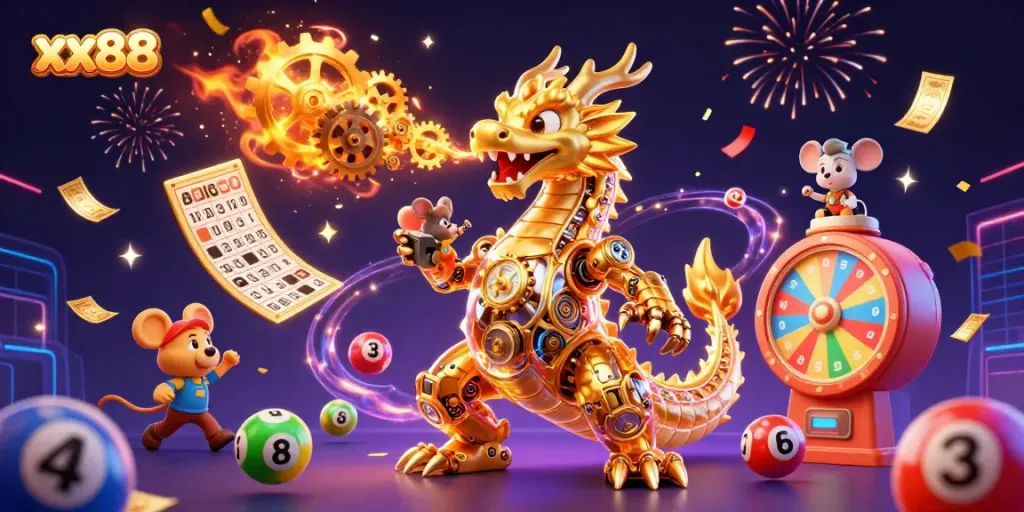 Experience thrilling gaming at xx88, featuring a golden dragon and vibrant lottery elements.