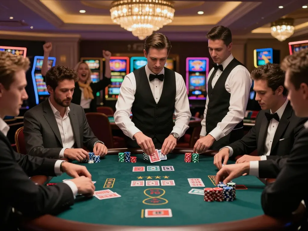 Bet on winning strategies at TT88 blackjack table with elegant players and dealer action.