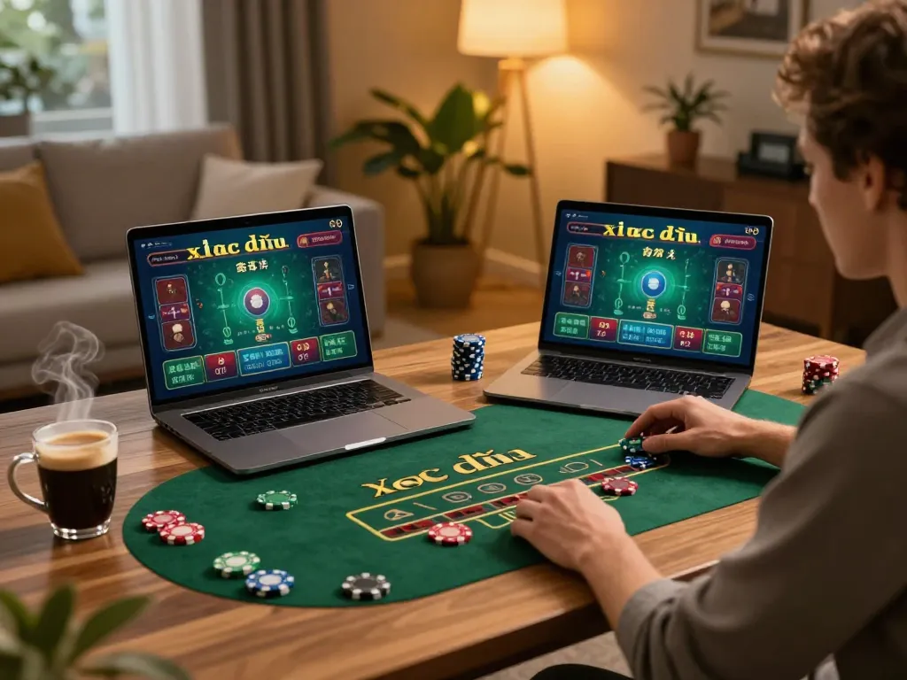 Player engaged in live xóc đĩa online gaming from a stylish home setup, focused on strategies.