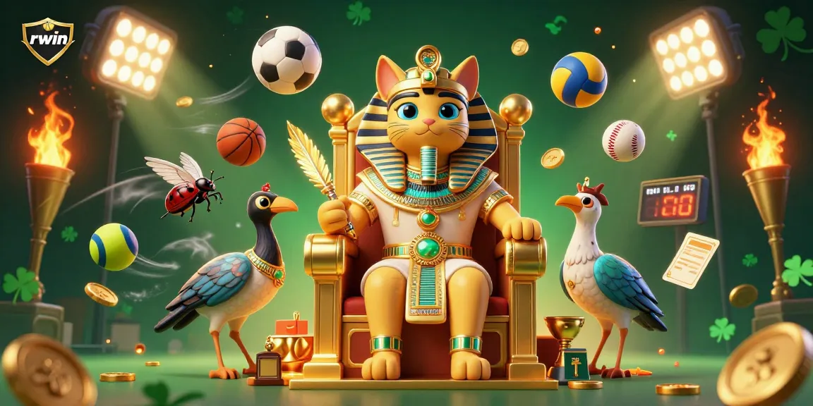Engage in dynamic sports betting with rwin, featuring a captivating Egyptian pharaoh cat and vibrant game elements.