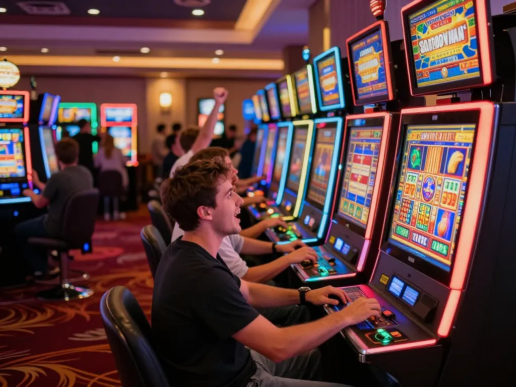 situs slot gameplay at vibrant casino with players celebrating wins