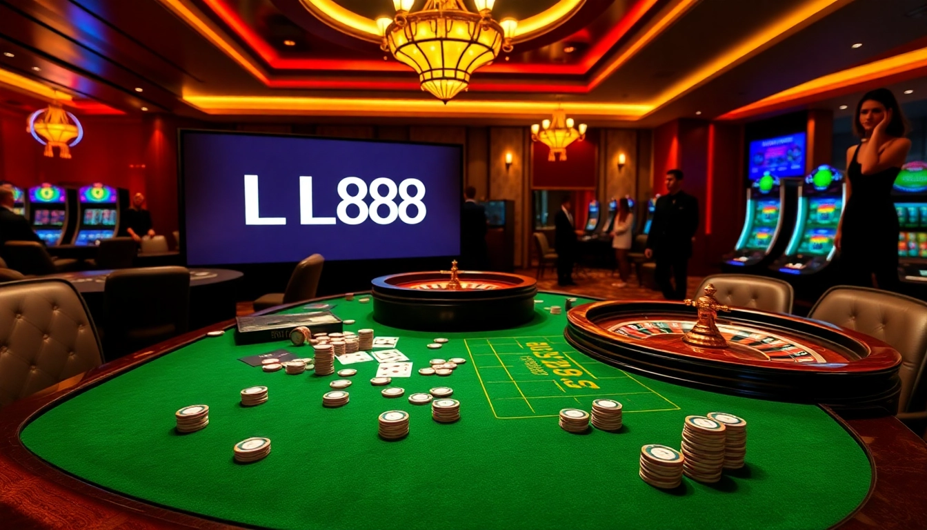 Experience the thrill of online gambling with LC88's vibrant casino scene featuring poker and roulette.