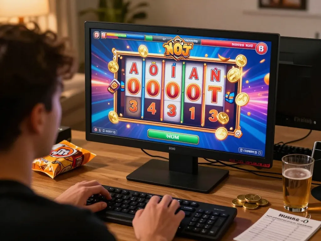 Nổ hũ gameplay on a laptop, showcasing an exciting online casino gaming experience.