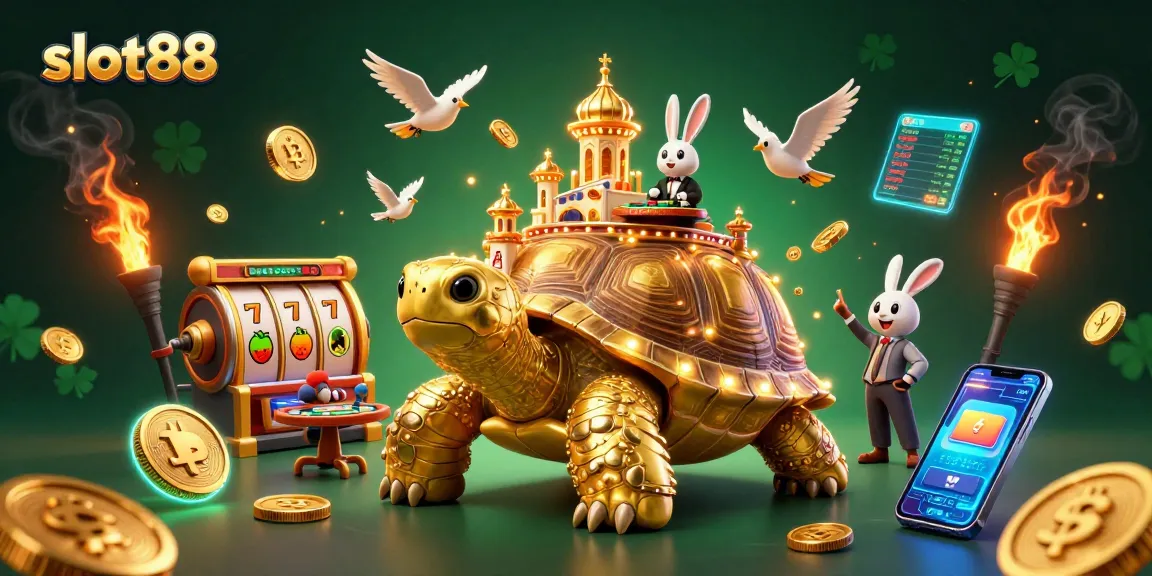 Rasakan keajaiban slot88 dengan kasino kura-kura emas dan dealer kelinci di tengah koin terbang.
