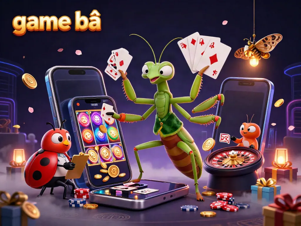 Experience game bài excitement with a giant mantis card sharp and playful ladybug boss in a vibrant casino scene.