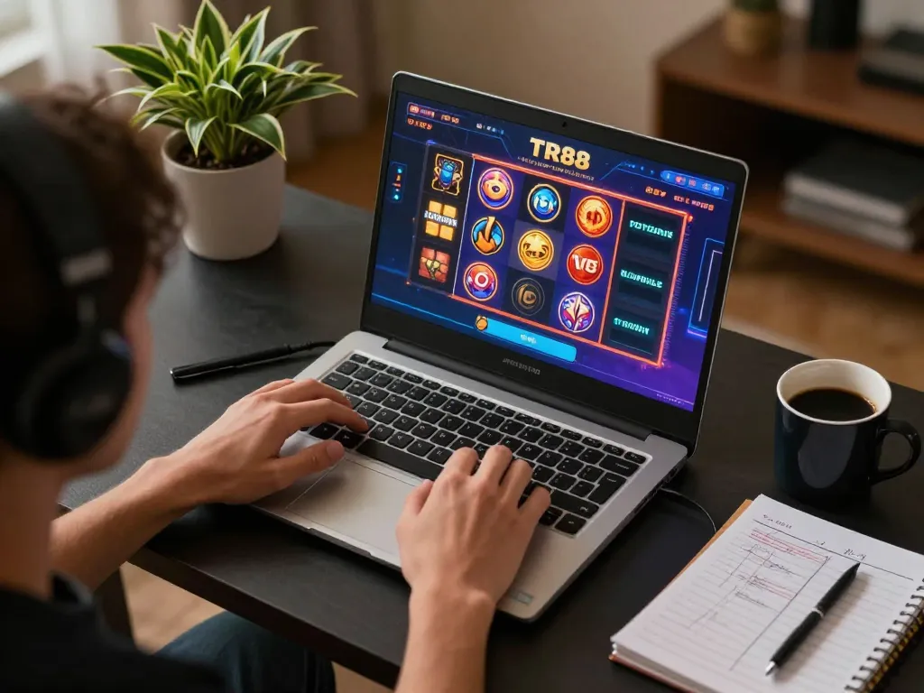Engaging with TR88 game on a laptop in a cozy home environment, combining relaxation and strategy.