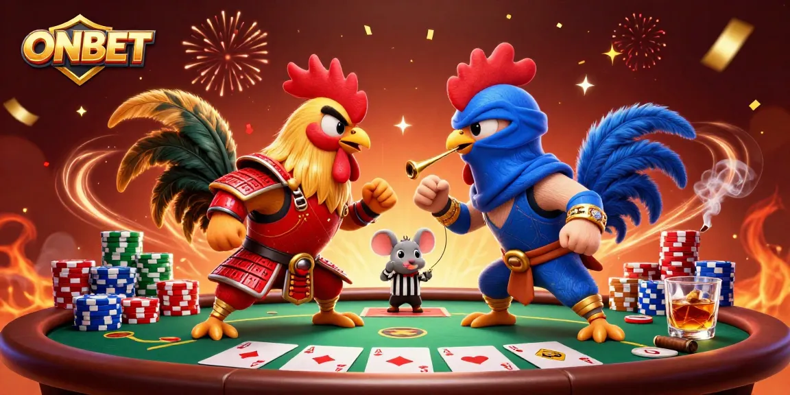 Engage in thrilling gameplay with ONBET while twin fighting roosters duel over poker chips and cards.