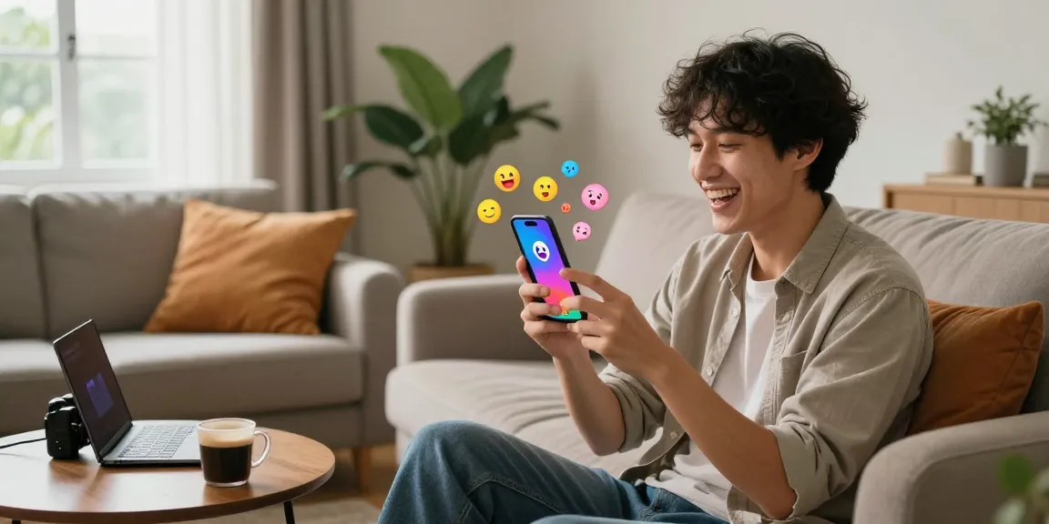 Engaging chat with Crushon AI character in a cozy living room, person smiling at smartphone.