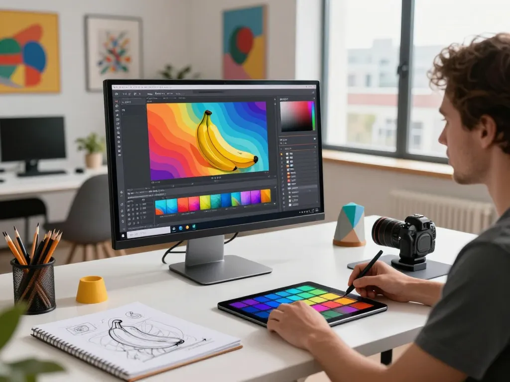 Creative workspace showcasing a designer using nano banana 2 AI image editing tools with vibrant visuals.