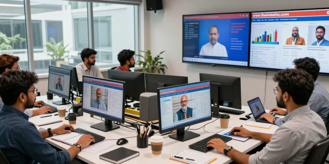 Dynamic newsroom at https://www.theindaily.com featuring journalists collaborating on live updates.
