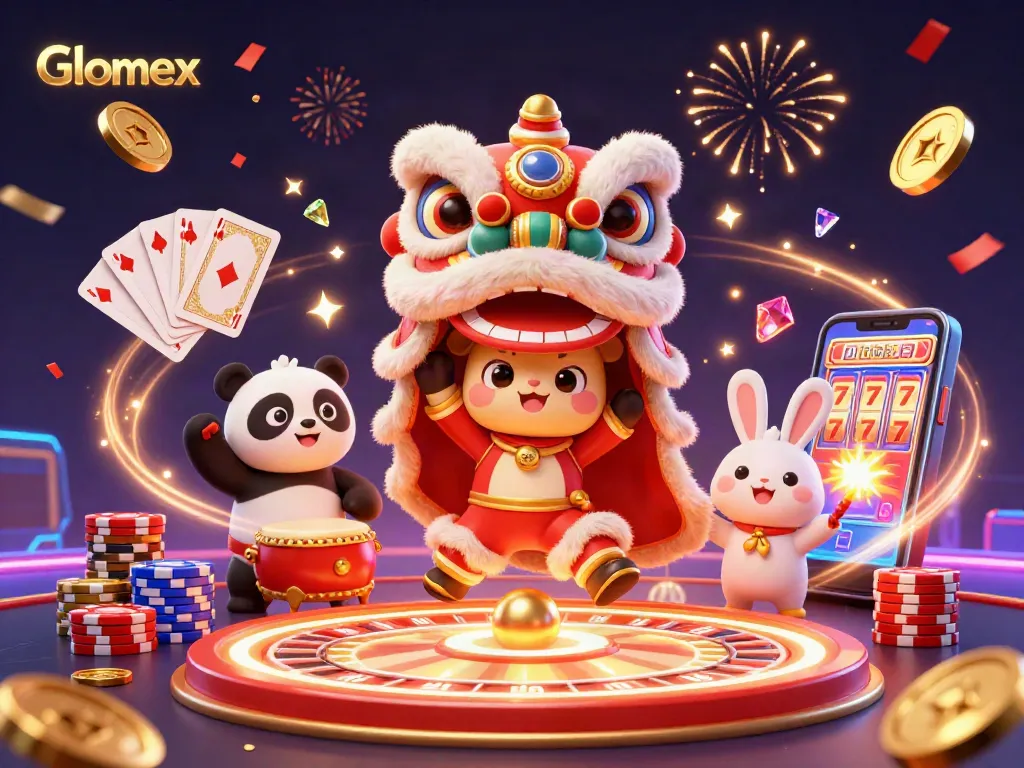 Engage with Glomex's exciting casino scene featuring a lion dance and vibrant gambling elements.